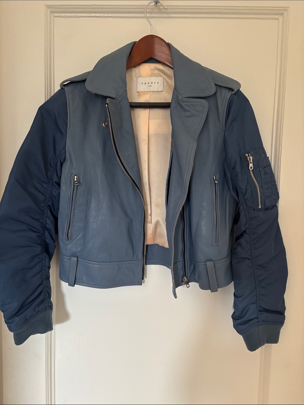 Sandro Slate Blue Mixed-Material Cropped Bomber Jacket